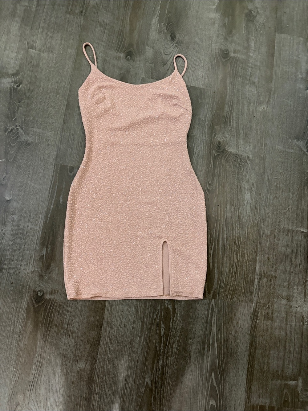 Windsor Rose Gold Glitter Spaghetti Strap Mini Dress with Side Slit - Size L